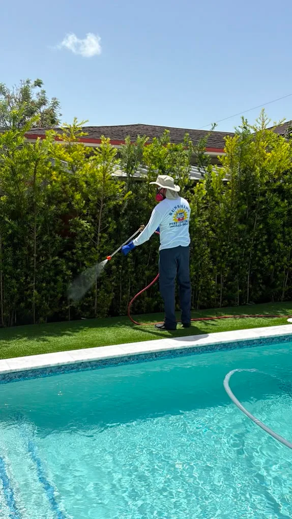 Pest control technician treating a hedge beside a pool in South Florida