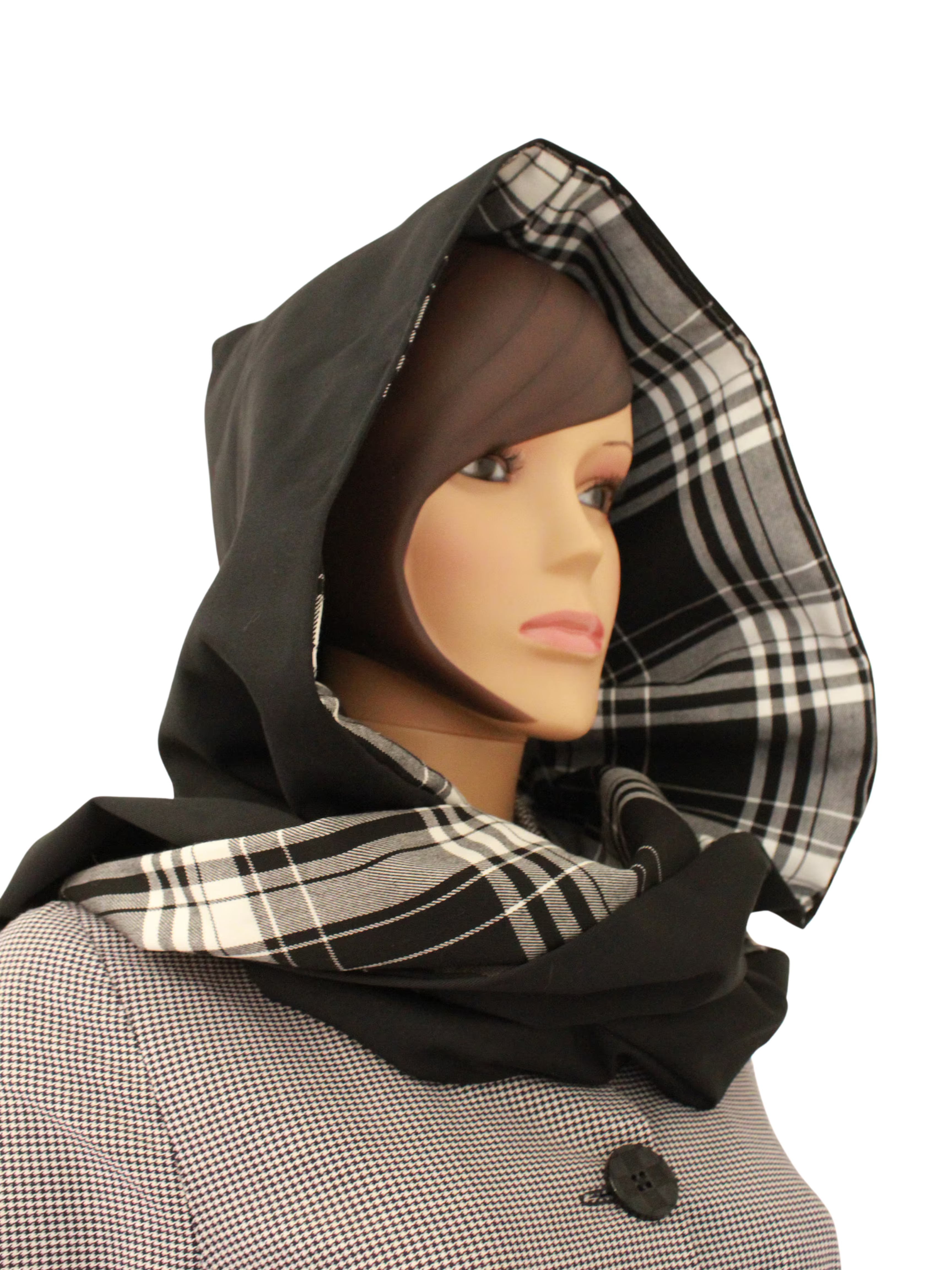 Capuche Écharpe de Fée Réversible – Gabardine Noire Imperméable & Tartan Noir/Bl