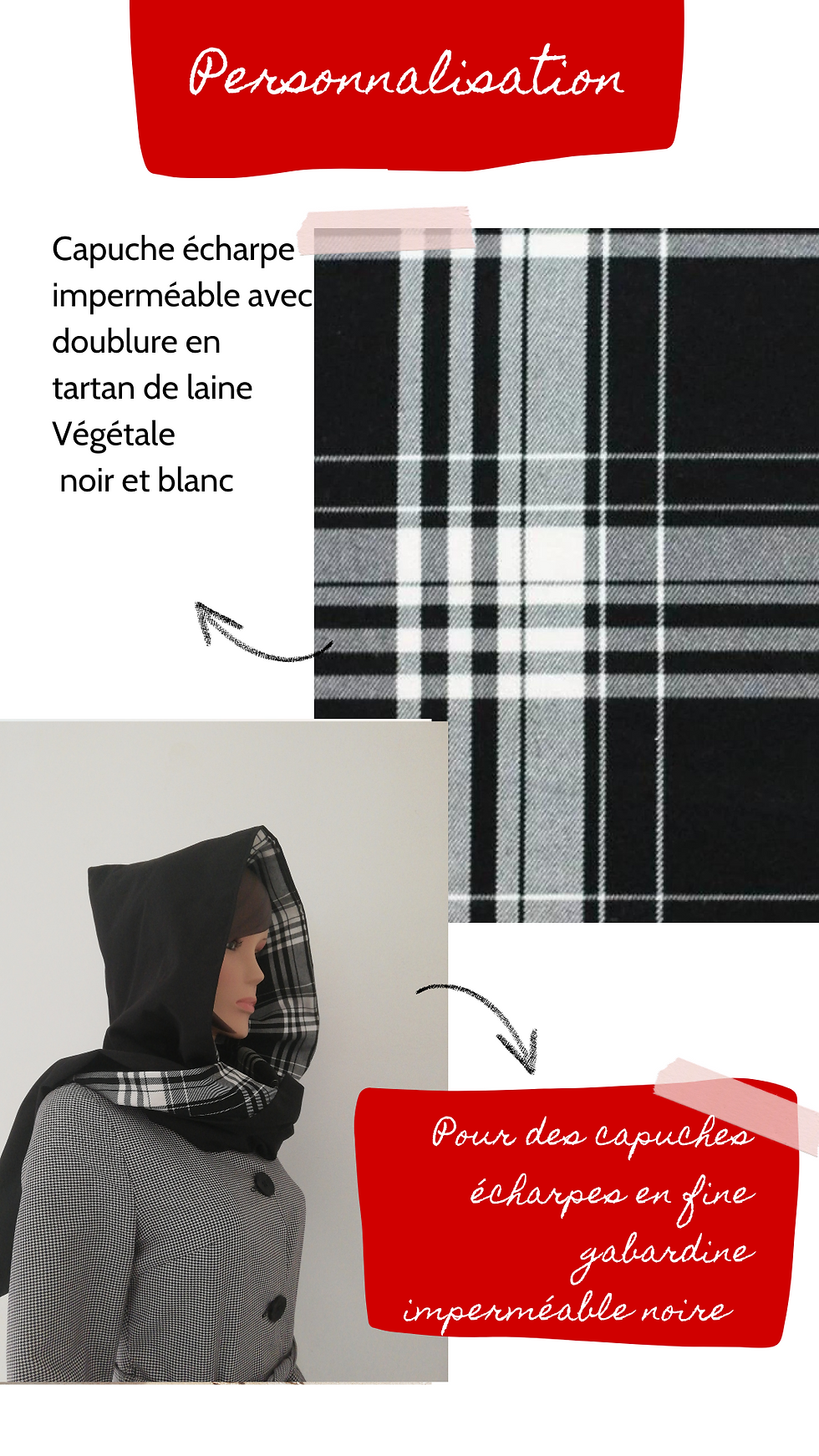 Accessoire de mode, capuche écharpe imperméable, capuche écharpe en tartan de laine écossais, capuche pour femme, cadeau pour elle
