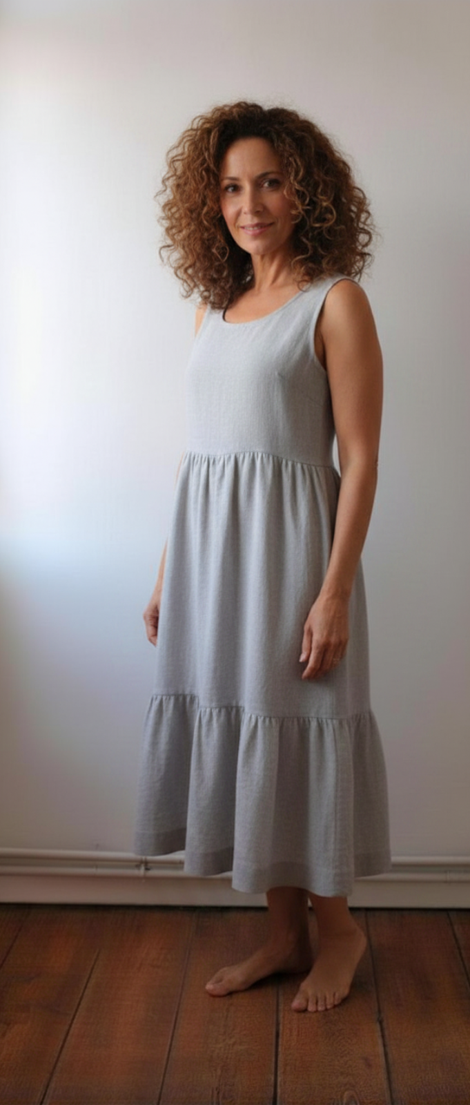 robe aubépine en double gaze de coton gris clair, chic, confortable, facile à vivre, intemporelle