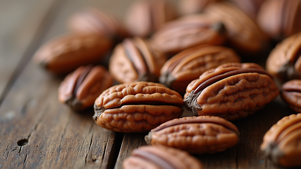 Close-up view of fresh pecans in their shells
