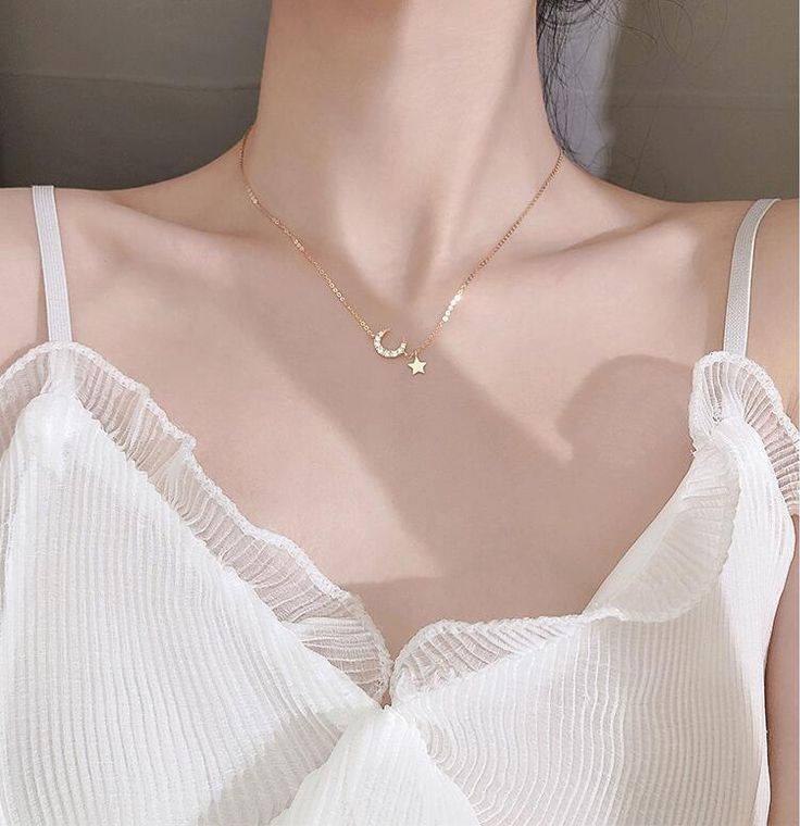 Dainty Crescent Moon with Sliding Star Charm Gold Necklace