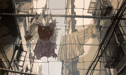 3,方小龙·版画·绝版套色木刻·《中国式晾晒·NO.2》·60cm×90cm.j