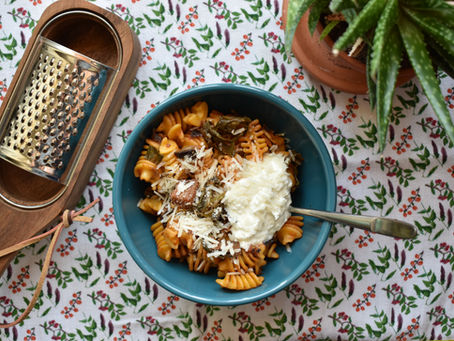 Kale, Eggplant, and Tomato Pasta with Ricotta