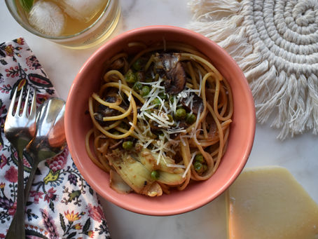 Vegetarian artichoke, pea, and mushroom carbonara