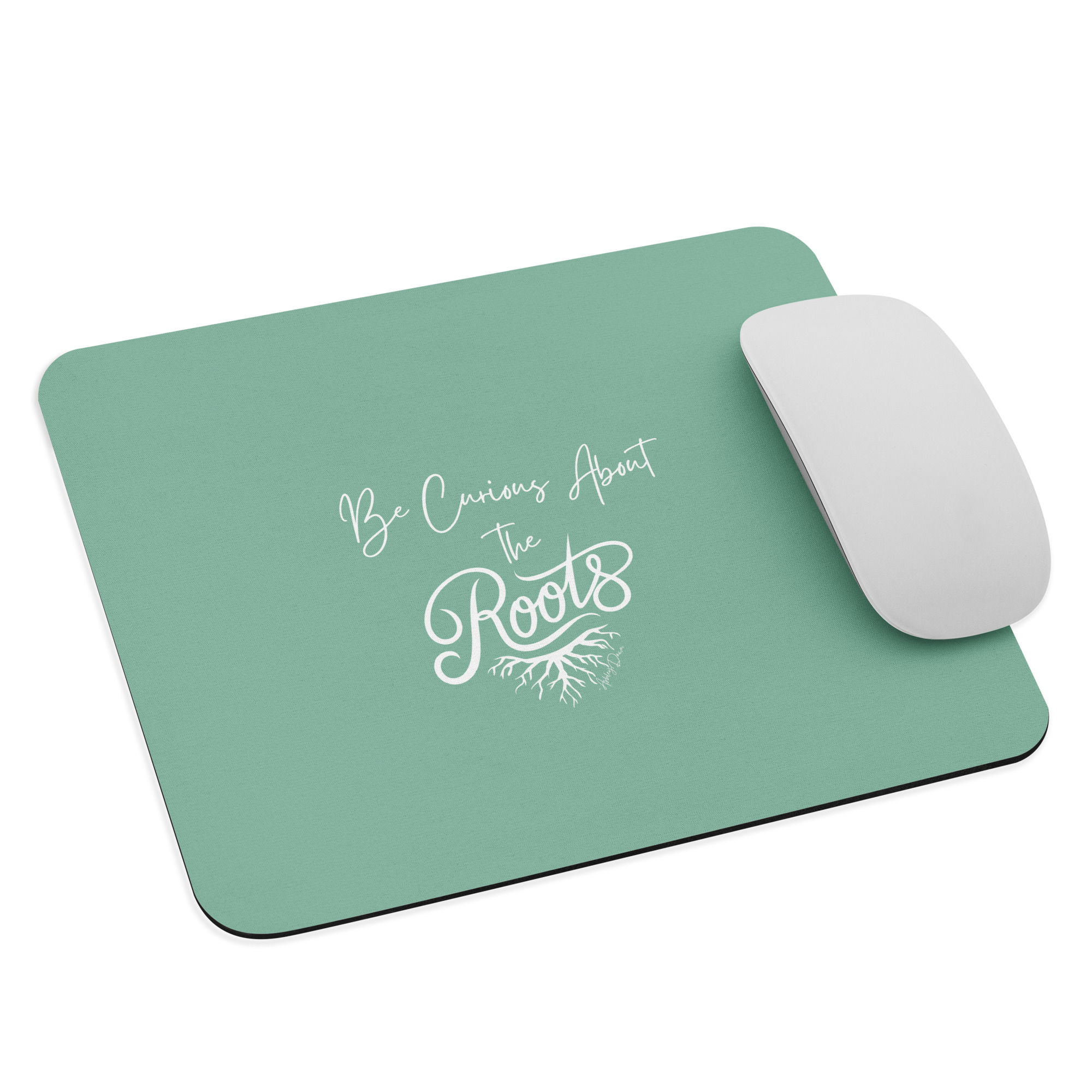 Be Curious Mouse Pad White on Gray Turquoise
