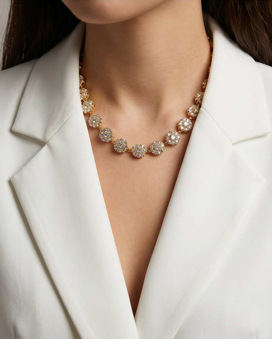 Miniatura: Collana Crystal Daisy Rainbow in Acciaio Dorato con Cristalli Pavé e Motivo Floreale Continuo per Serate Speciali e Look Glam
