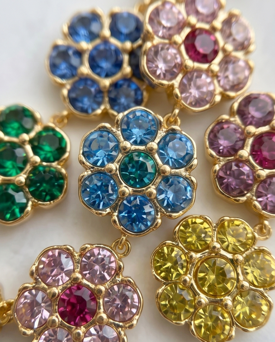 Miniatura: Collana Crystal Daisy Rainbow in Acciaio Dorato con Cristalli Pavé e Motivo Floreale Continuo per Serate Speciali e Look Glam