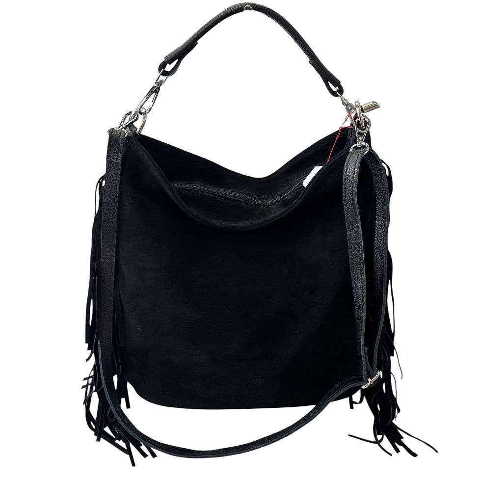 Miniatura: Borsa Hobo a secchiello in pelle scamosciata con frange laterali decorative