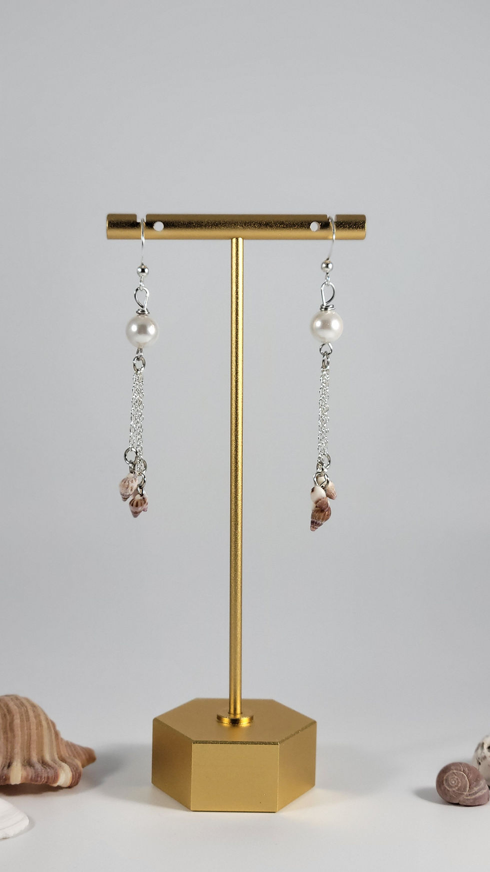Miniature : Boucles d'oreilles perles d'eau douce et coquillages - Acier inoxydable