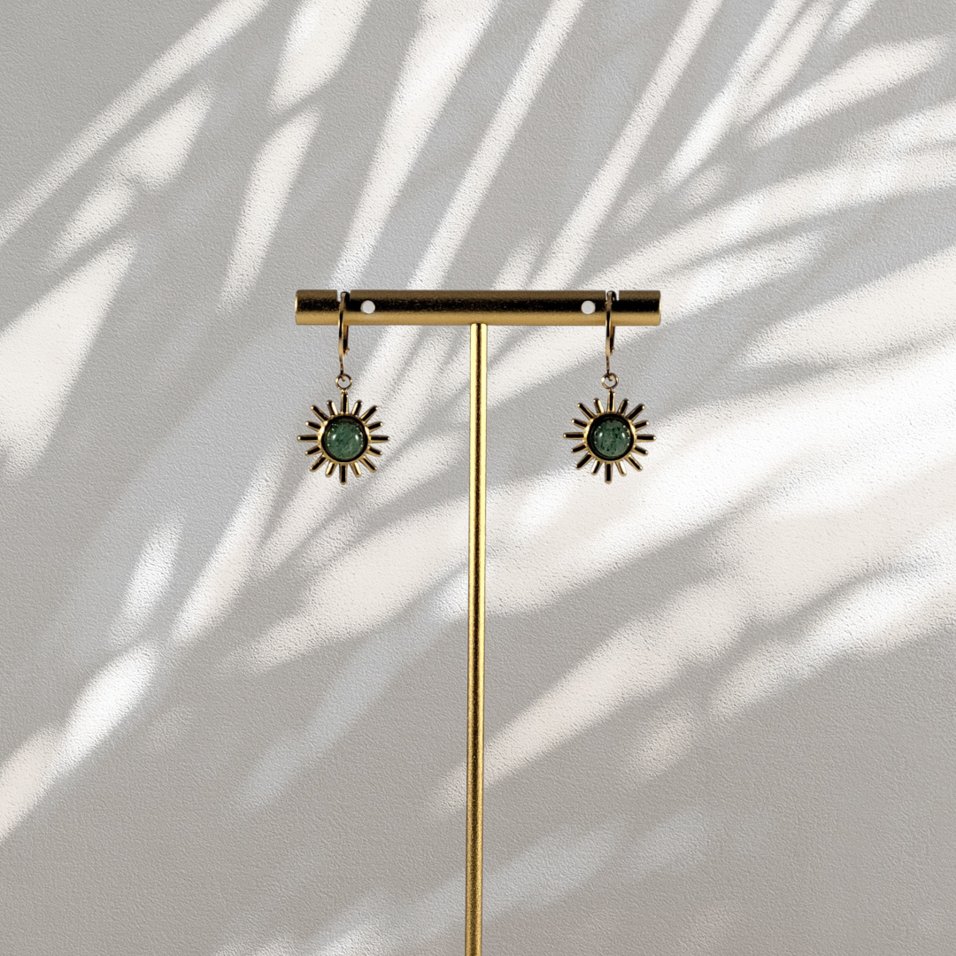 Boucles d'oreilles soleil et aventurine - Acier inoxydable