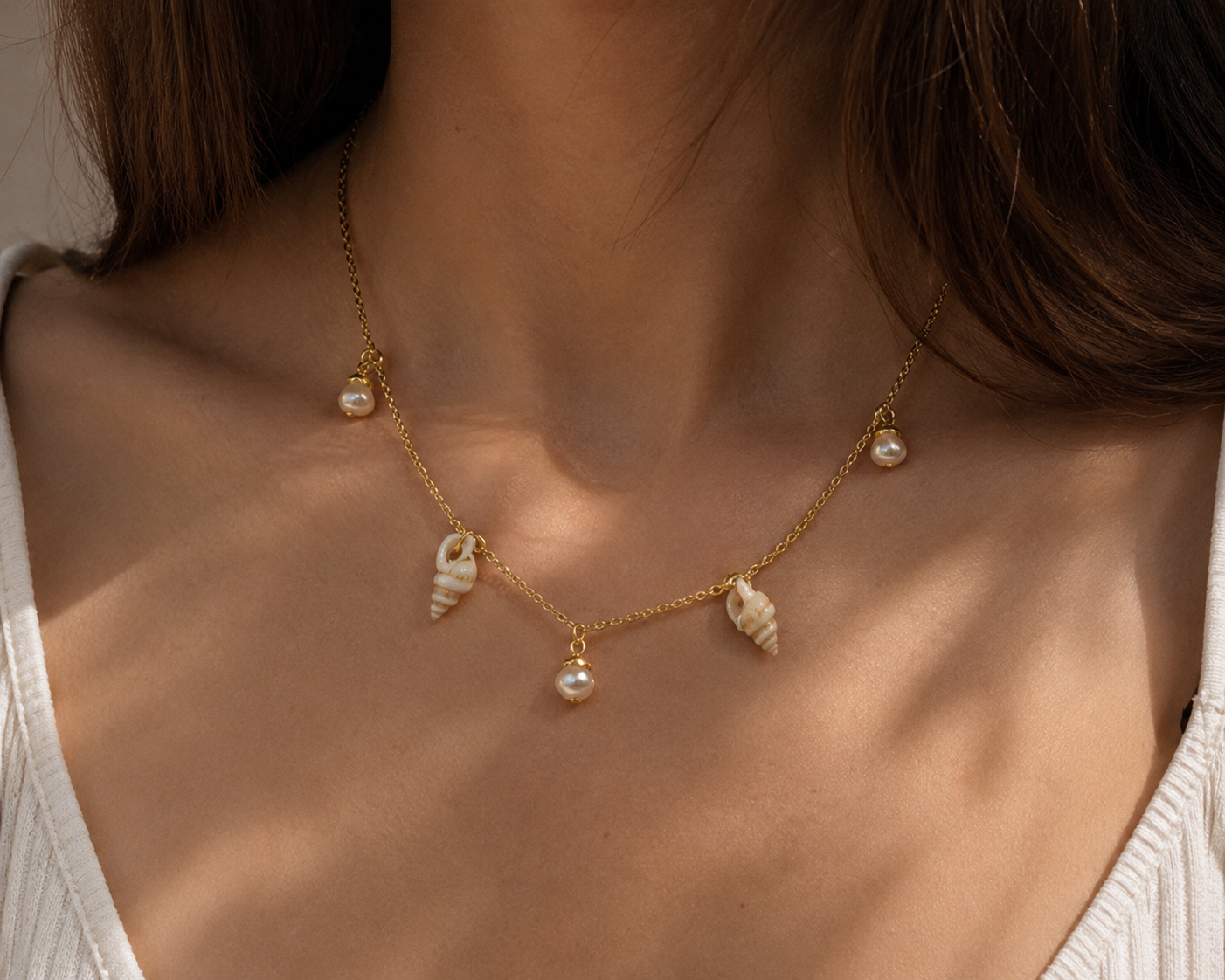 Collier perles d'eau douce et coquillages - Acier inoxydable