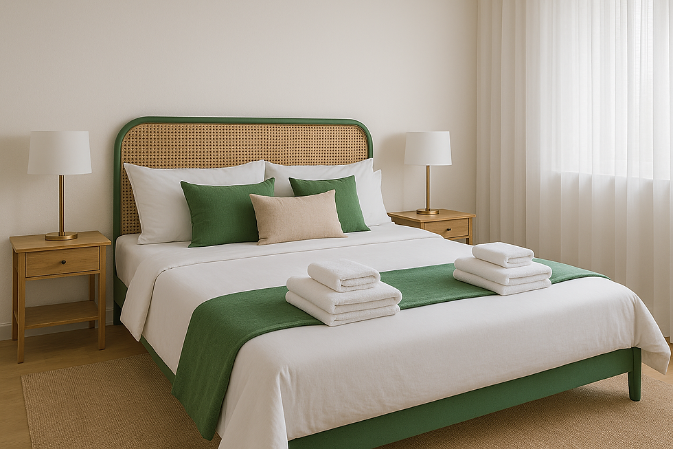 A bright, spacious bedroom with a neatly made bed, green accent pillows, warm natural light, and minimal modern décor creating a clean and inviting atmosphere.