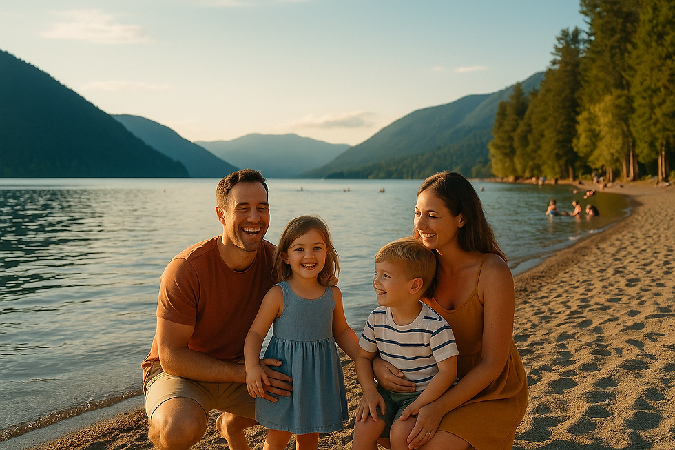 Family with two young children smiling and enjoying the sandy beach at Cultus Lake in British Columbia, with mountains and forest in the background
