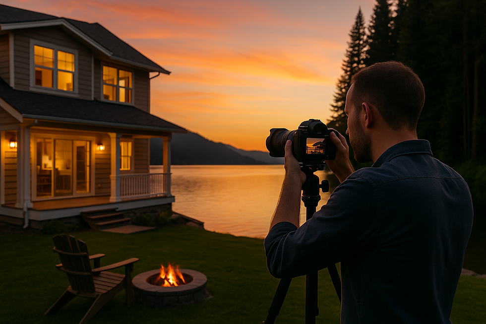 Professional real estate photographer taking photos of a vacation home on the waterfront at Cultus Lake during sunset, with the lake and mountains in the background