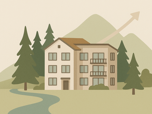 Illustrated Fraser Valley condo development surrounded by trees and mountains with a subtle upward arrow, representing growth and Airbnb investment opportunities in the region.