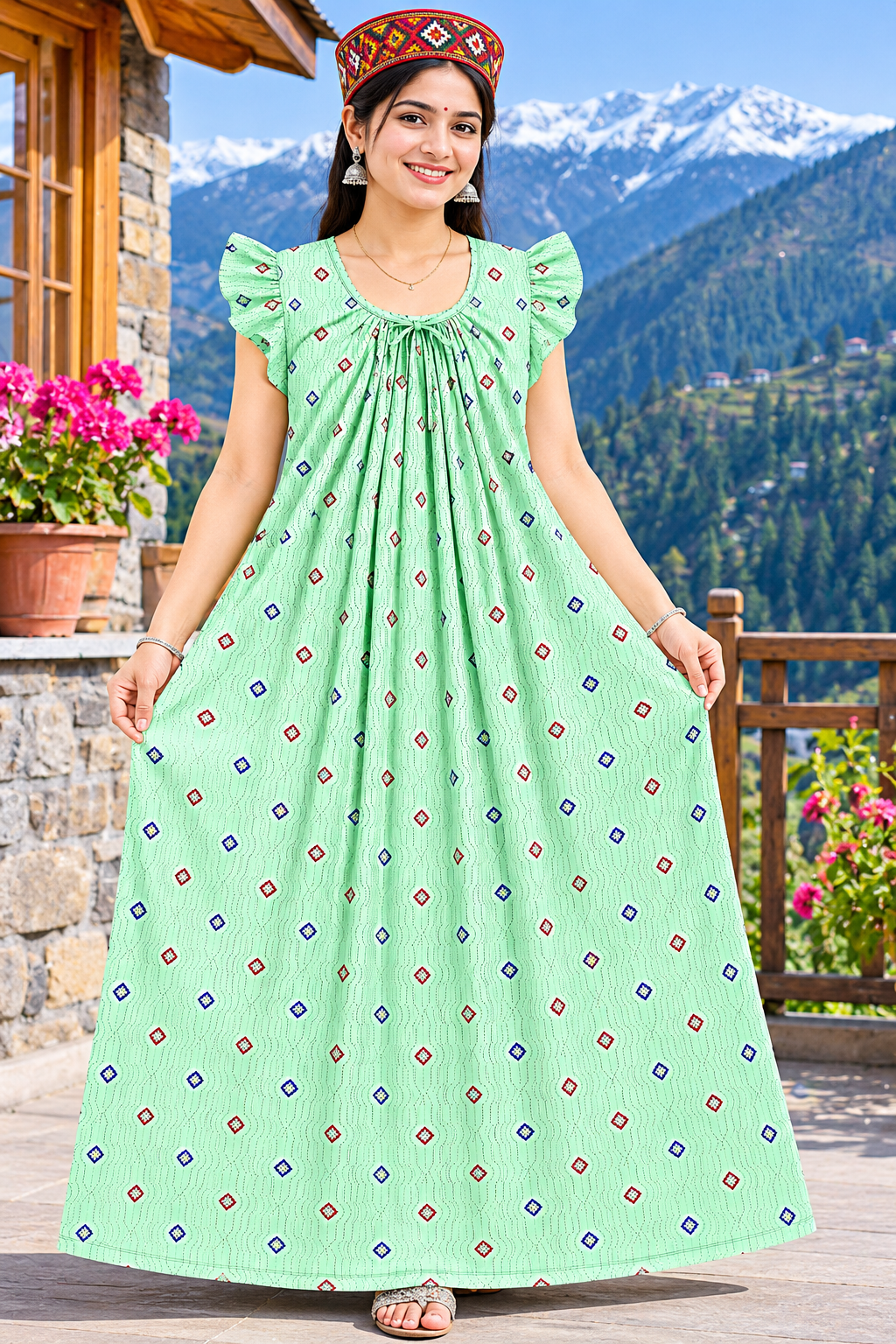 Women’s Mint Green Printed Nighty Gathered Round Neck