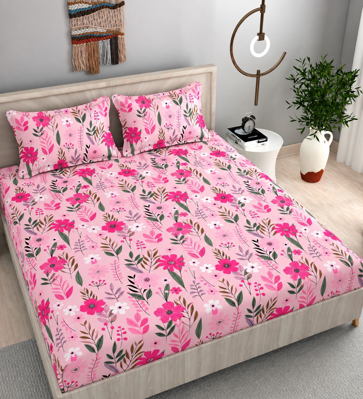 Pink Floral 220 TC Microfiber King Size Fitted Bedsheet With 2 Pillow Covers