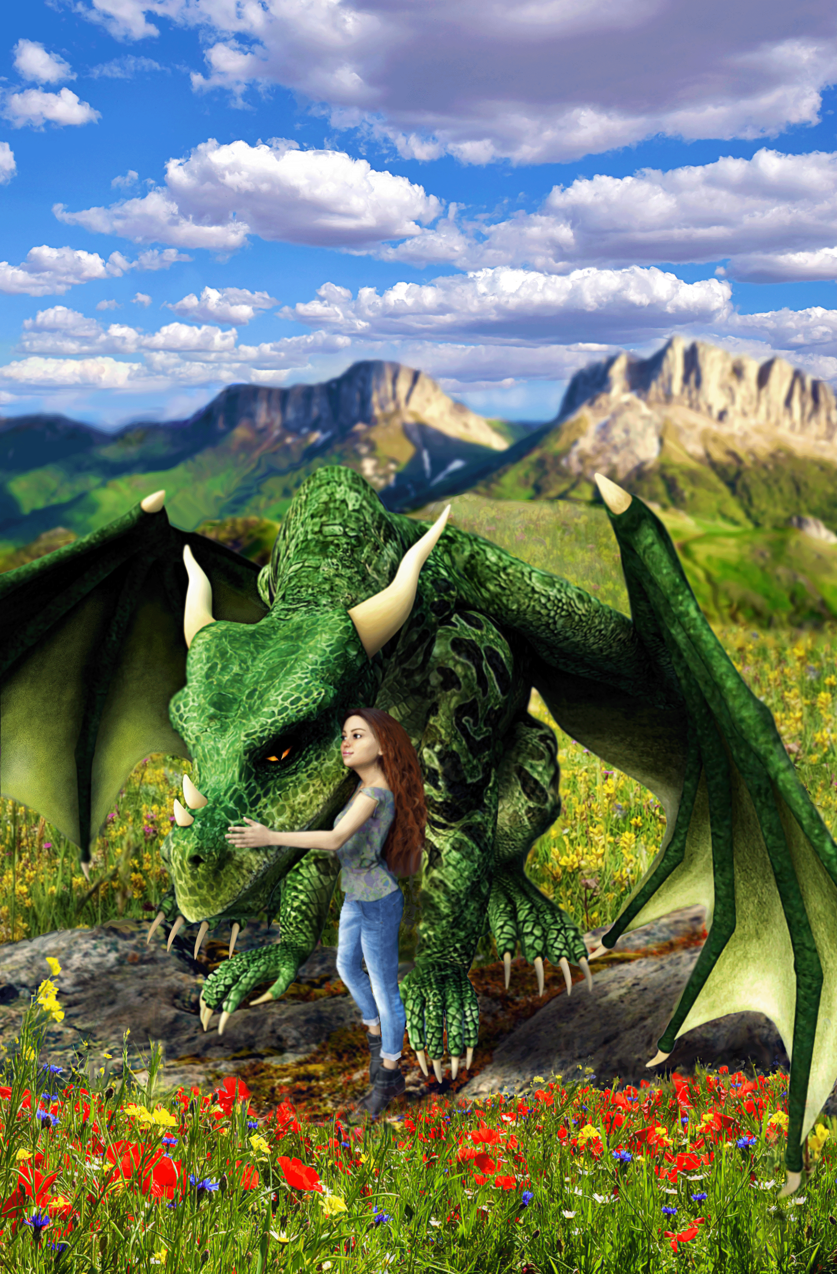 A fantasy scene of a young girl with her pet dragon in a wildflower meadow, with mountains in the background