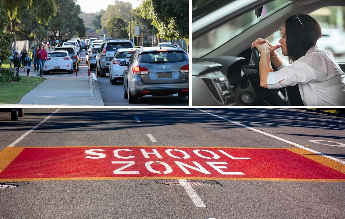 A modern school campus with designed traffic flow pathways and safe pedestrian crossings.