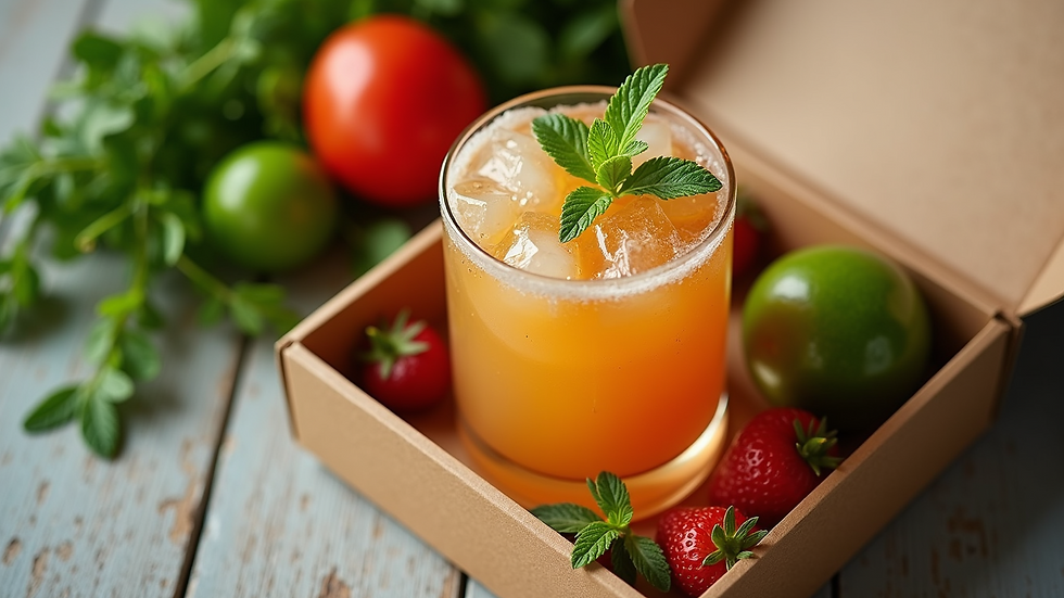 High angle view of an eco-friendly cocktail box with fresh ingredients