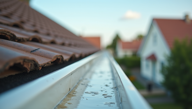 Eye-level view of a clean gutter running along a residential roof