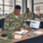 Soldiers in camouflage work at desks in an office. One writes notes with charts on a laptop. Mood is focused. American flag on uniform.