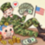 Smiling cartoon soldier in camo holds cash with a heart symbol. Piggy bank and coins nearby. US flag in background, conveying positive mood.
