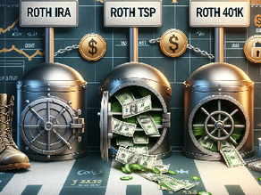 A split-screen digital illustration showing three financial paths labeled “Roth IRA,” “Roth TSP,” and “Roth 401(k).” The “Roth IRA” path has an open vault with cash flowing out freely, symbolizing easy access to contributions. The “Roth TSP” and “Roth 401(k)” paths show locks and tax warning signs, indicating stricter access. Include military imagery subtly in the background—like a folded flag or boots—blended with financial symbols like dollar bills, charts, and a retirement calendar.