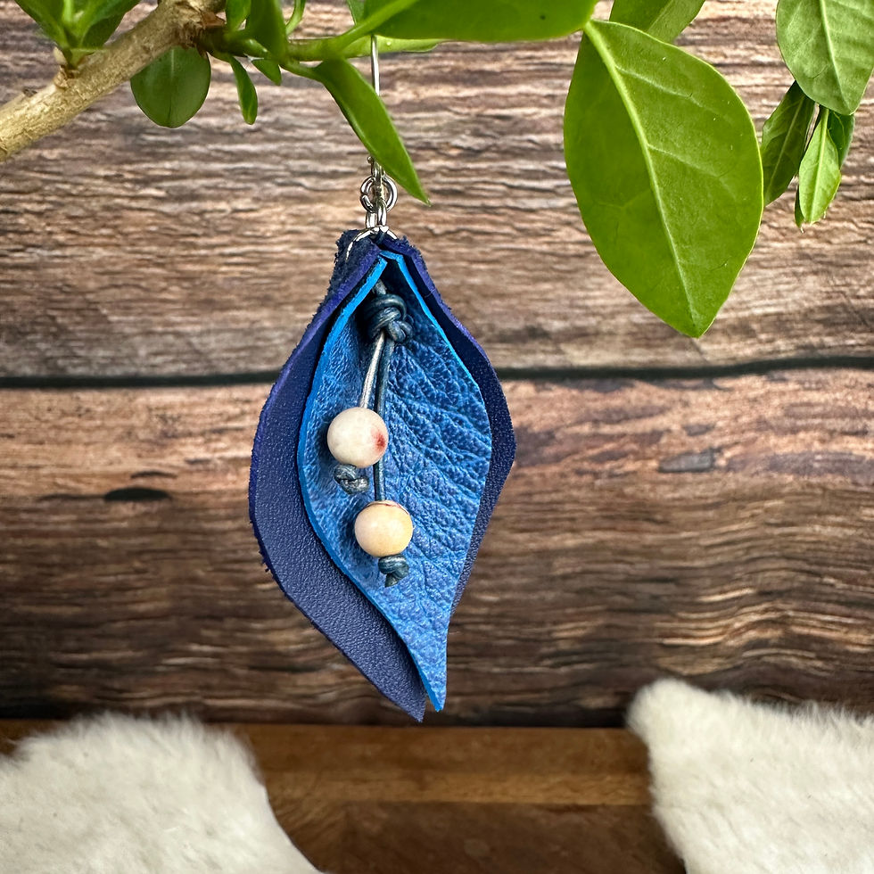 Miniature : Boucle d’oreille Pallava artisanale en cuir bleu avec pierres naturelles Jaspe Mokaïte