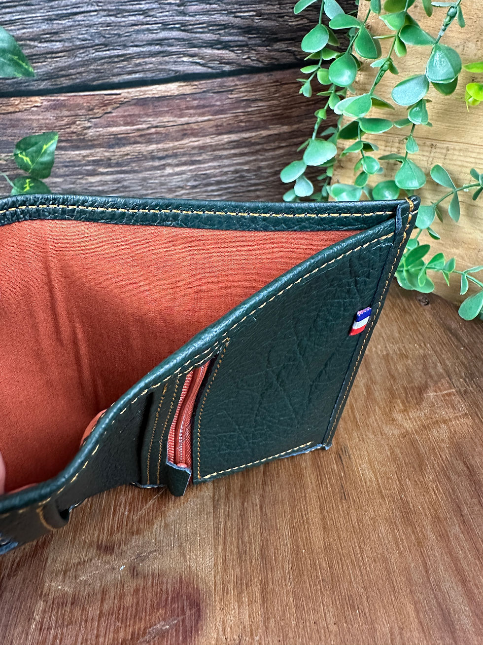 Miniature : Portefeuille cuir artisanal – Modèle Acacia vert canard - Fait Main