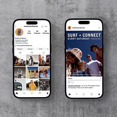 Two iPhones showcasing Resident Surfboards' instagram grid and "Surf and Connect" ad