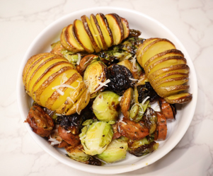Sheet Pan Chicken Sausage, Hasselback Potatoes, and Brussel Sprouts with Lemon Maple Sauce
