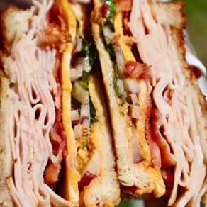 Turkey + Bacon Sandwich w/ Pesto and Red Pepper Hummus