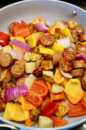 One-Pan Chicken Sausage, Veggies, and Potatoes w/ Spicy Maple Sauce