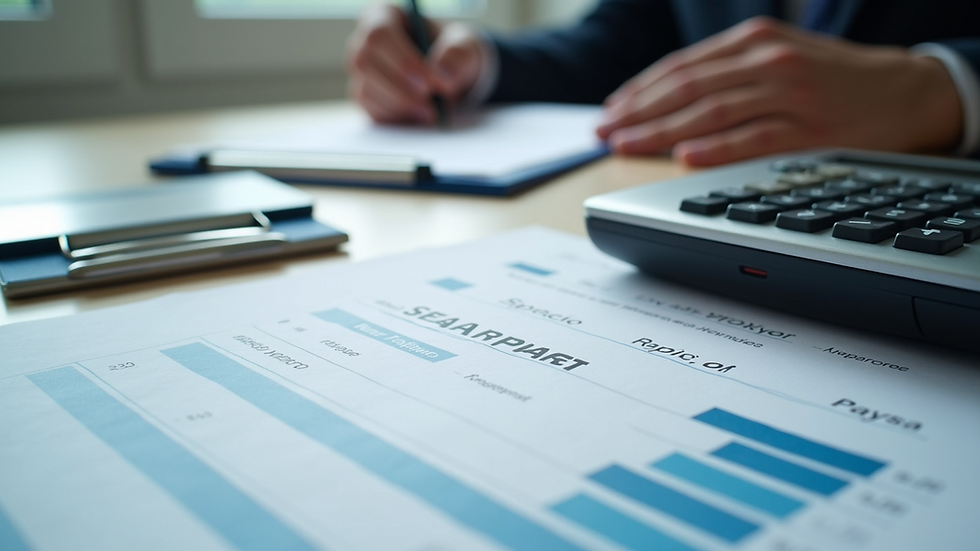 High angle view of a salary report and calculator on a desk