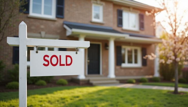 Close-up view of a "Sold" sign in front of a house with a "For Sale" sign removed