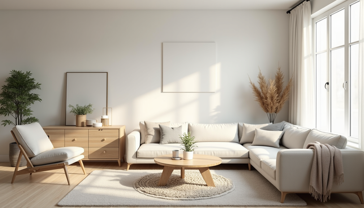 Eye-level view of a bright living room with neutral decor and minimal furniture