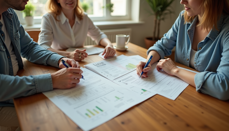 High angle view of a couple reviewing home buying documents at a kitchen table