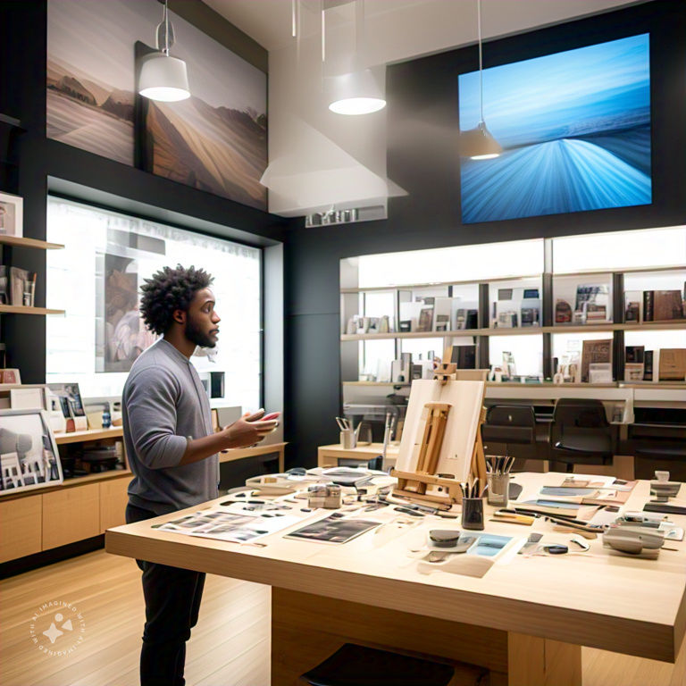 of_a_guys_who_s_holding_a_creative_workshop_in_an_apple_like_store_and_he_s_standing_and_there_is_an_easel_facing_the_camera