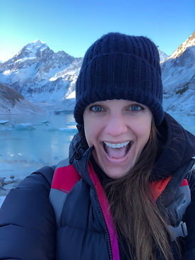 Allison Allie Albanese hiking alone at Mount Cook in South Island New Zealand during winter, solo traveler, discover, mountains, snow, blue eyes, travel writer, adventure, Parade Magazine, discover, dine, drink, inspiration