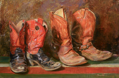 Worn cowboy and cowgirl boots, oil painting, Cynthia Feustel