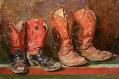 Worn cowboy and cowgirl boots, oil painting, Cynthia Feustel