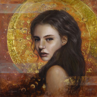 oil portrait of woman with gold leaf background