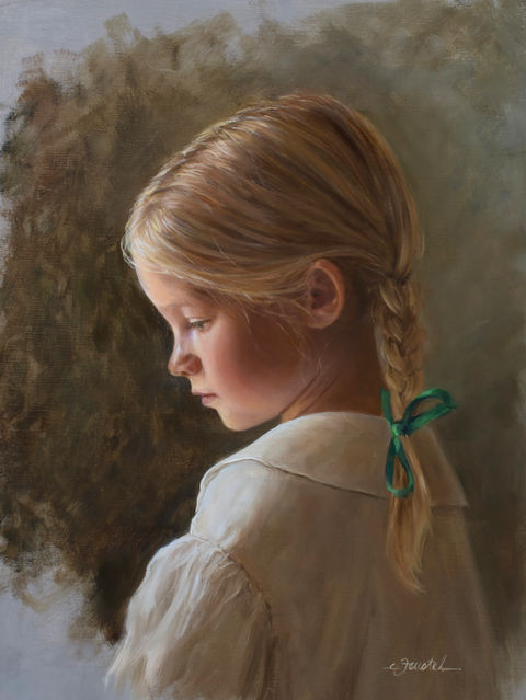 Quiet Thoughts, oil painting of young girl in pioneer dress by Cynthia Feustel