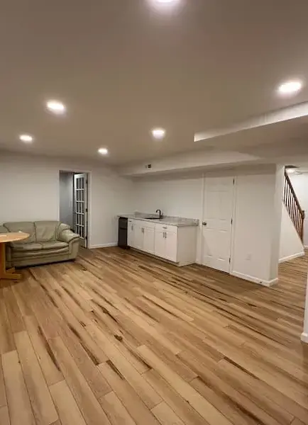 basement bathroom vanity Alexandria VA — finished lower level bathroom with modern fixture