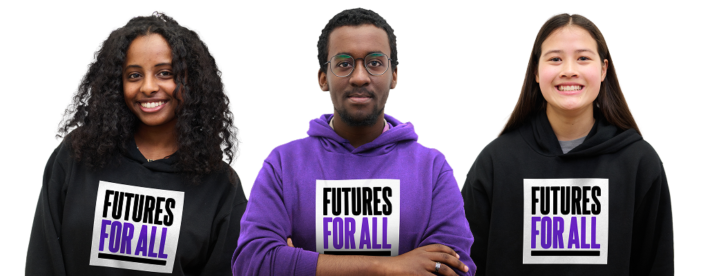 Three people wearing "Futures For All" hoodies