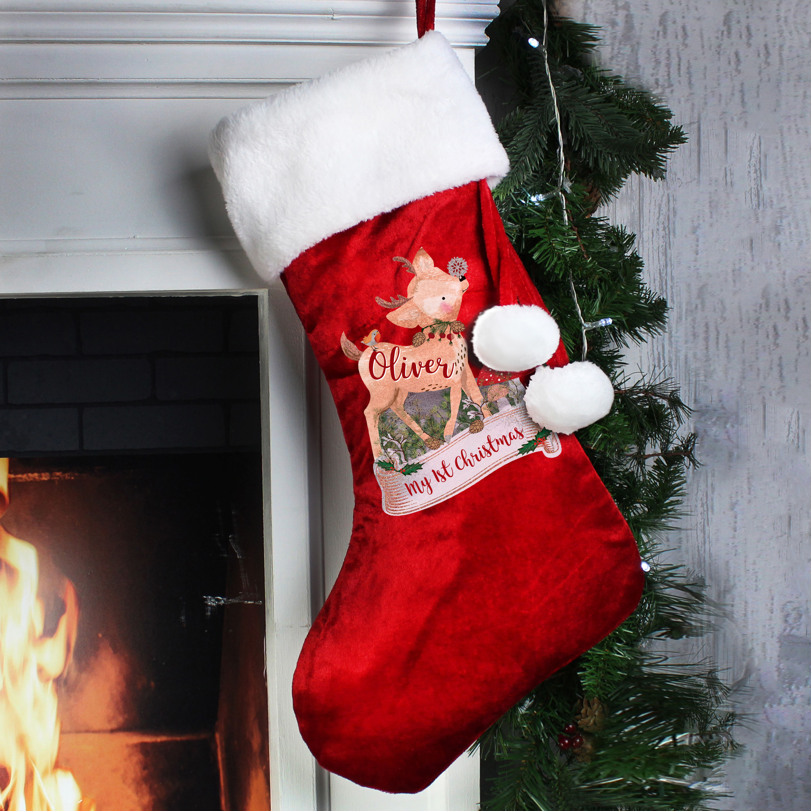 1st Christmas Festive Fawn Personalised Christmas Stocking