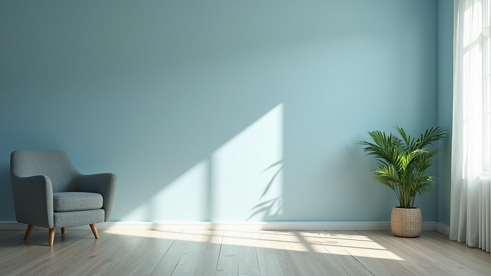 Eye-level view of a freshly painted living room with soft blue walls