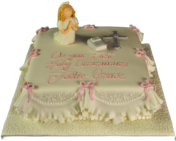 Elegant and symbolic communion cake with decorative white icing, suitable for a religious celebration.